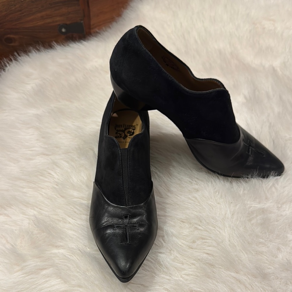 John Fluevog Black Cross Detail Heeled Boots - Picture 9 of 9